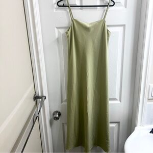 Pastel Olive Green Spaghetti Strap Long Sleeveless Maxi Dress Shift Tie Scarf